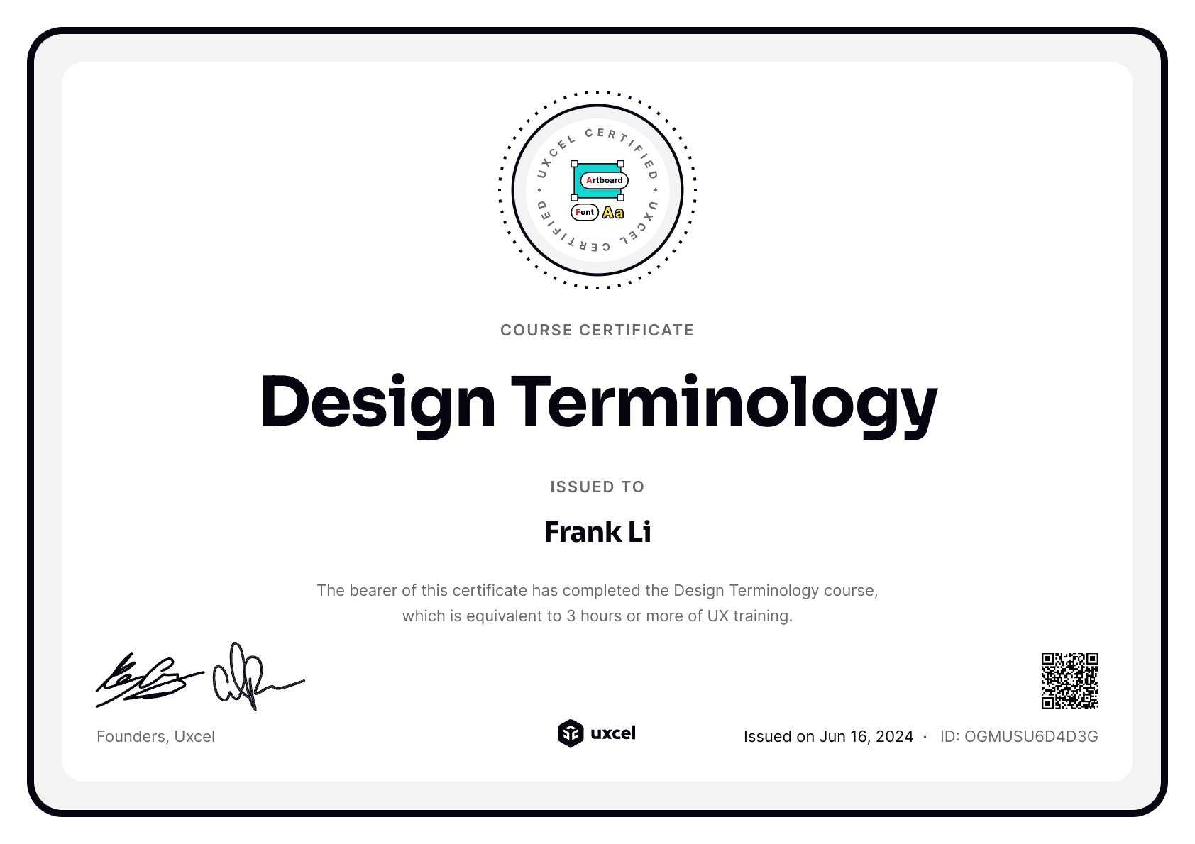 Frank Li's certificate